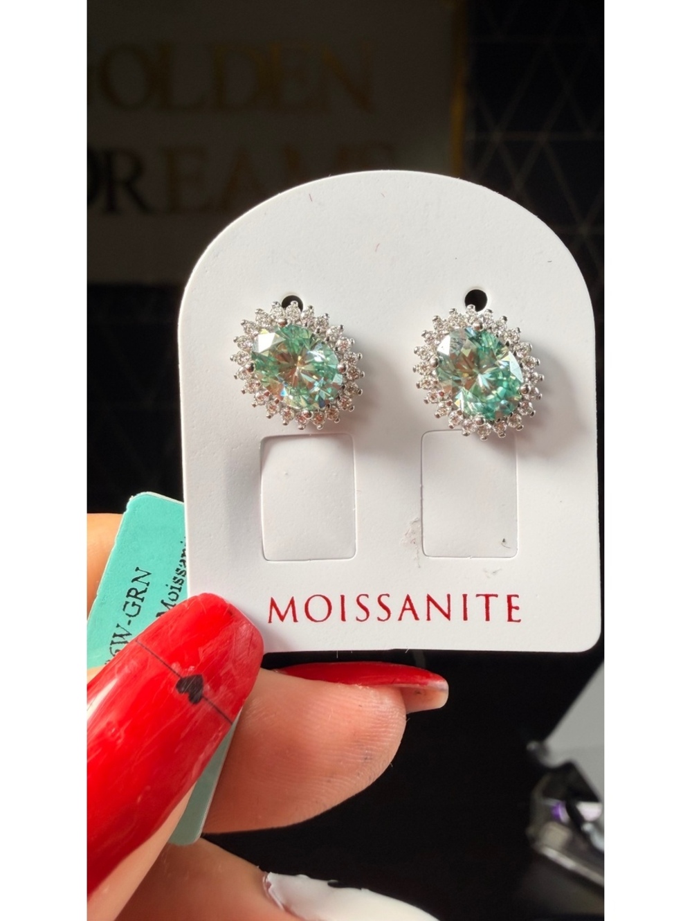 Sterling Silver Green Moissanite Oval Stud Earrings with Halo